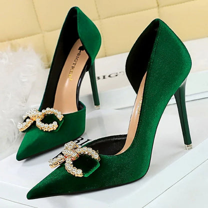 BIGTREE Shoes 7 Cm Kitten High Heels Rhinestone Buckle Pearl Design Women Pumps Suede Ladies Heels Stilettos Luxury Party Shoes