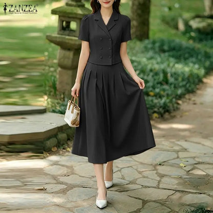 2026 ZANZEA Summer Office OL Outfits Elegant Women Dress Sets Lapel Neck Short Sleeve Shirt Pleated Midi Skirt Suit 2 Piece Sets