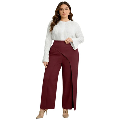Plus Size Women's Pants High Waist Back Zipper Solid Textured Wide Leg Bottoms Elegant Spring Summer Office Stretch Bottoms