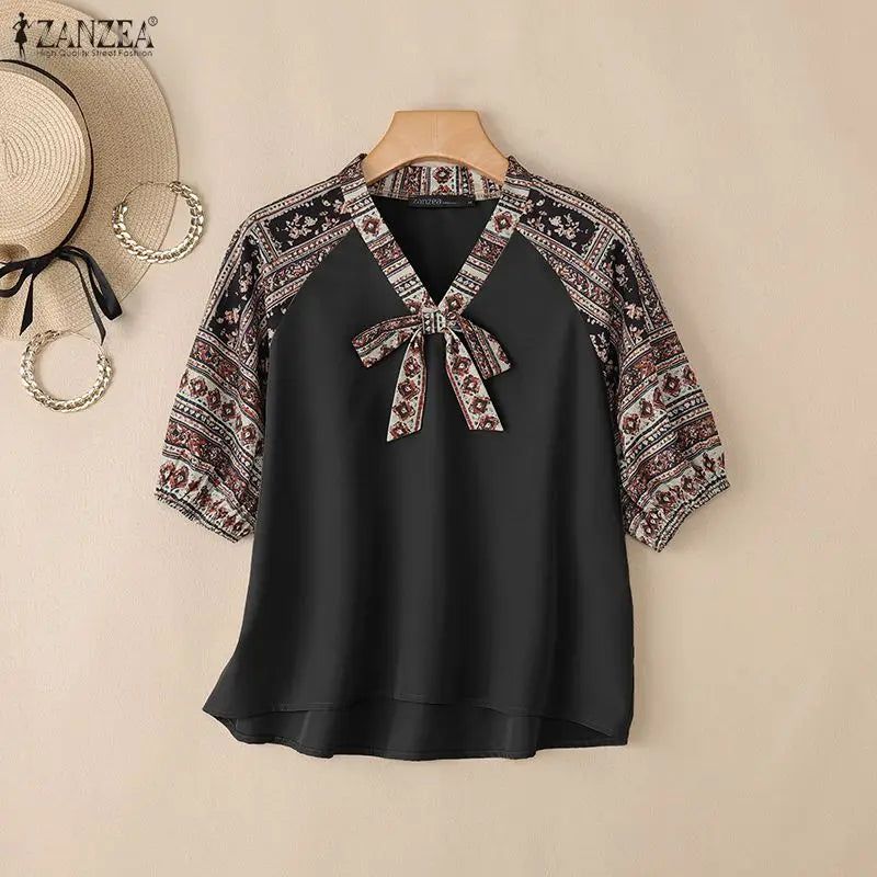ZANZEA Bohemian Printing Patchwork Blouses Woman Elegant Tie Neck Lantern Sleeves Loose Tops Summer Casual Daily Wear Blusas