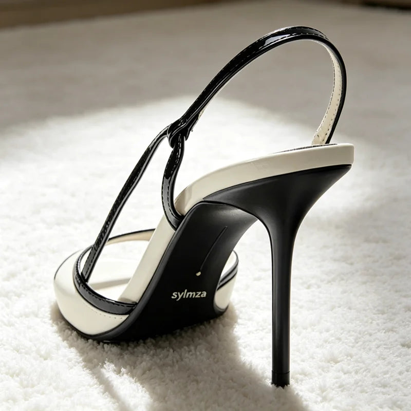 Concise White Black Detail Ankle Strap Heeled Sandals Women Summer Elegant Stiletto Heels for Ladies Faux Leather Designer Shoes