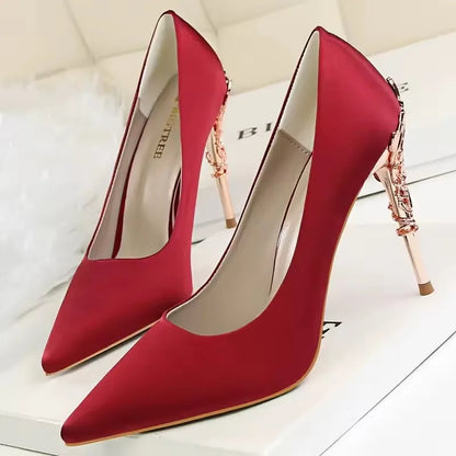 BIGTREE Shoes Women Pumps Flower Carved Metal Heel Women Shoes Fashion Wedding Shoes Satins Stilettos Heels 10 Cm High Heels