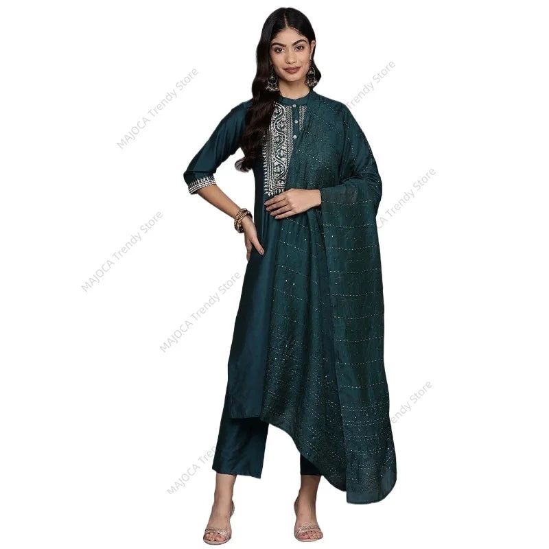 Traditional Indian Kurta 3Pcs Set with Dupatta Women Embroidered Silk Blend Pakistani Dress Elegant Dark Green Ethnic Clothing