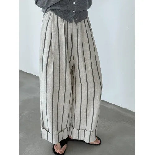 Retro Cuffed Linen Striped Casual Pants Loose Slim Straight Leg Summer Wide Leg Pants for plus Size Women Ladies Fashion