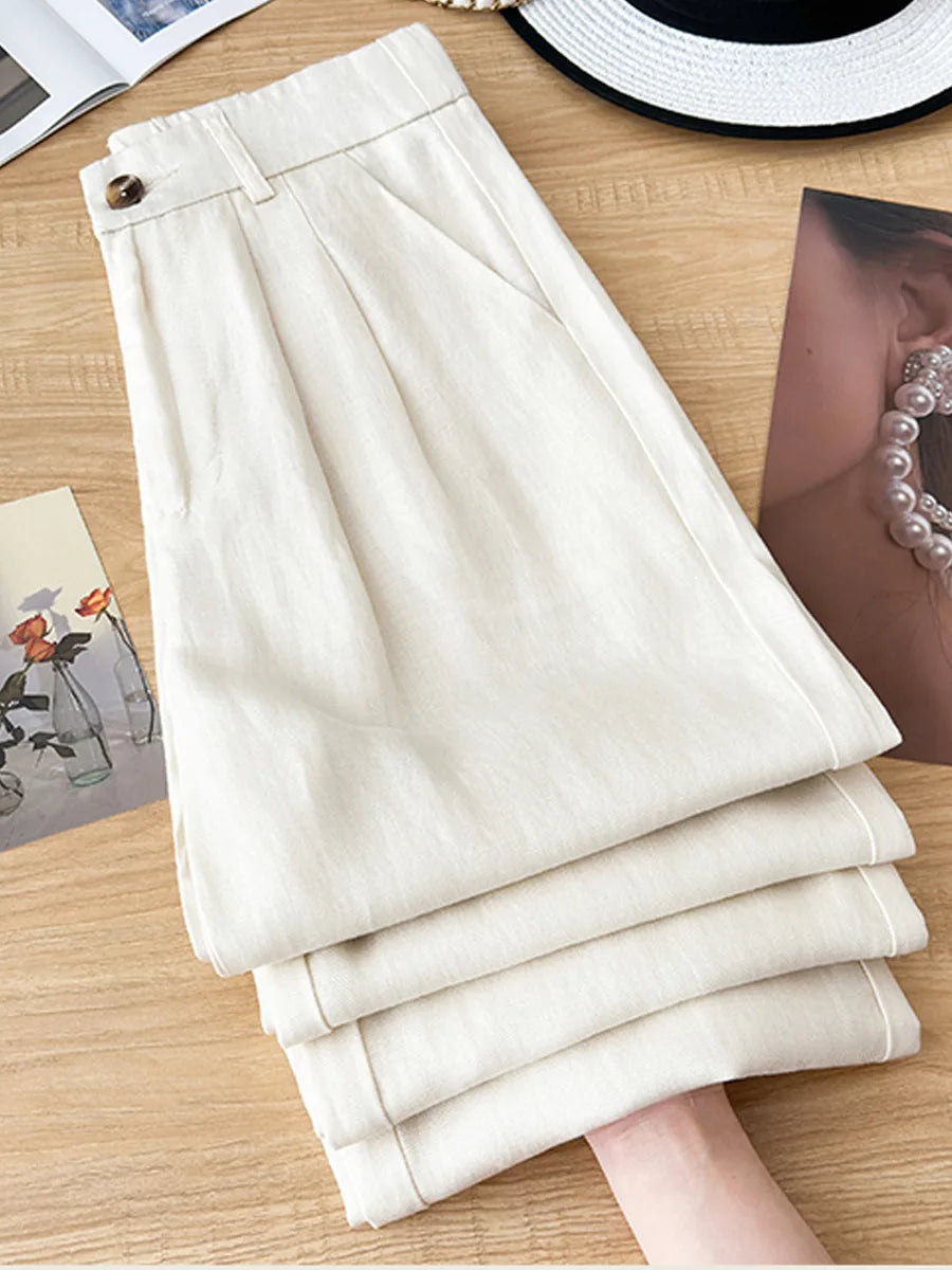 Women's High Waist Linen Pants Summer Wide-Leg Drape Trousers Thin Lyocell Ramie Straight Pants Comfortable Fit