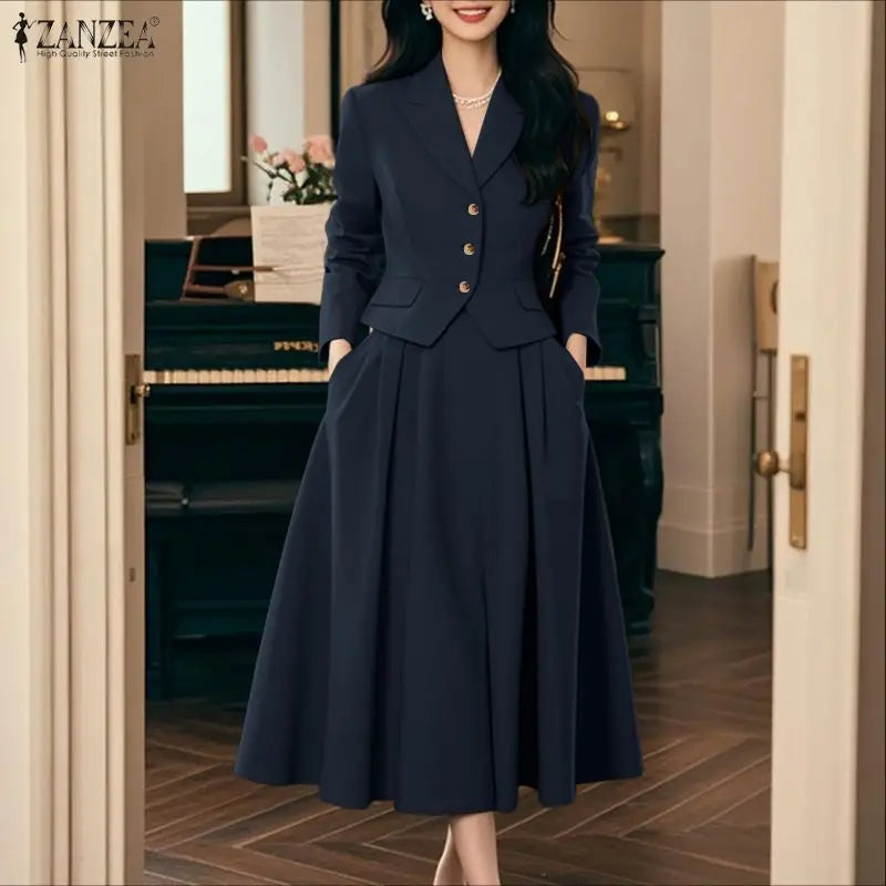 ZANZEA Elegant Women 2-Piece Skirt Suits Peak Lapel Long Sleeve Short Blazer & A-Line Midi Skirt 2pcs Sets 2026 Autumn Outfits