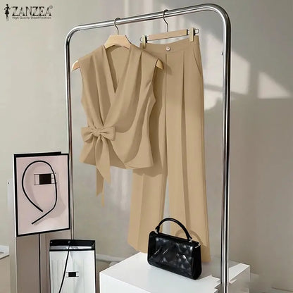 ZANZEA Women Minimalist Matching Pant Sets Wrapped V-Neck Sleeveless Tops & Wide Leg Pants 2 Piece Suits Casual Commute Outfits