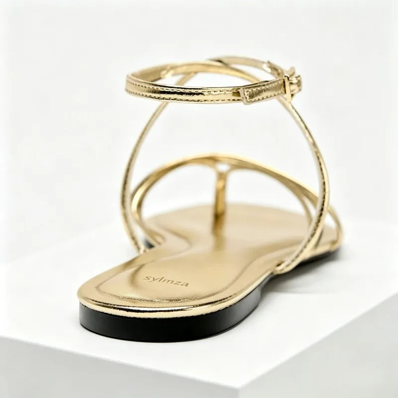 Gold Narrow Strap Cross Strap Design Flat Sandals Women Summer Sexy Women's Flip Flops Elegant Ankle Strap Dress Shoes Sandalias