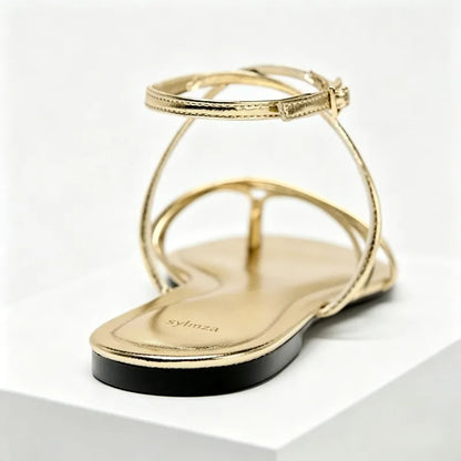 Gold Narrow Strap Cross Strap Design Flat Sandals Women Summer Sexy Women's Flip Flops Elegant Ankle Strap Dress Shoes Sandalias