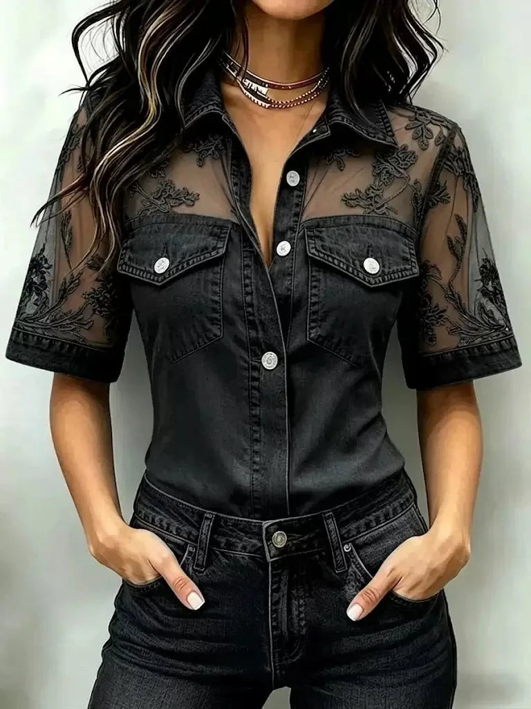 New Ladies Casual Loose Faux Denim Patchwork Collar Top Comfortable Breathable Fashionable Women's Loose Fit Shirt