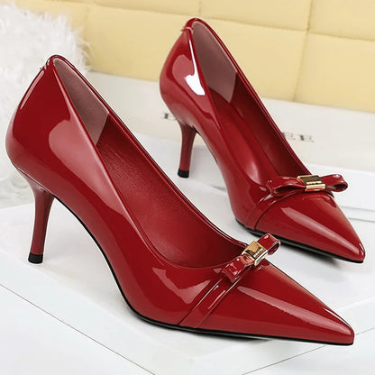 BIGTREE Shoes Patent Leather Women Pumps Bowknot Design High Heels Occupation OL Office Shoes Stiletto Heels 6 cm Party Shoes