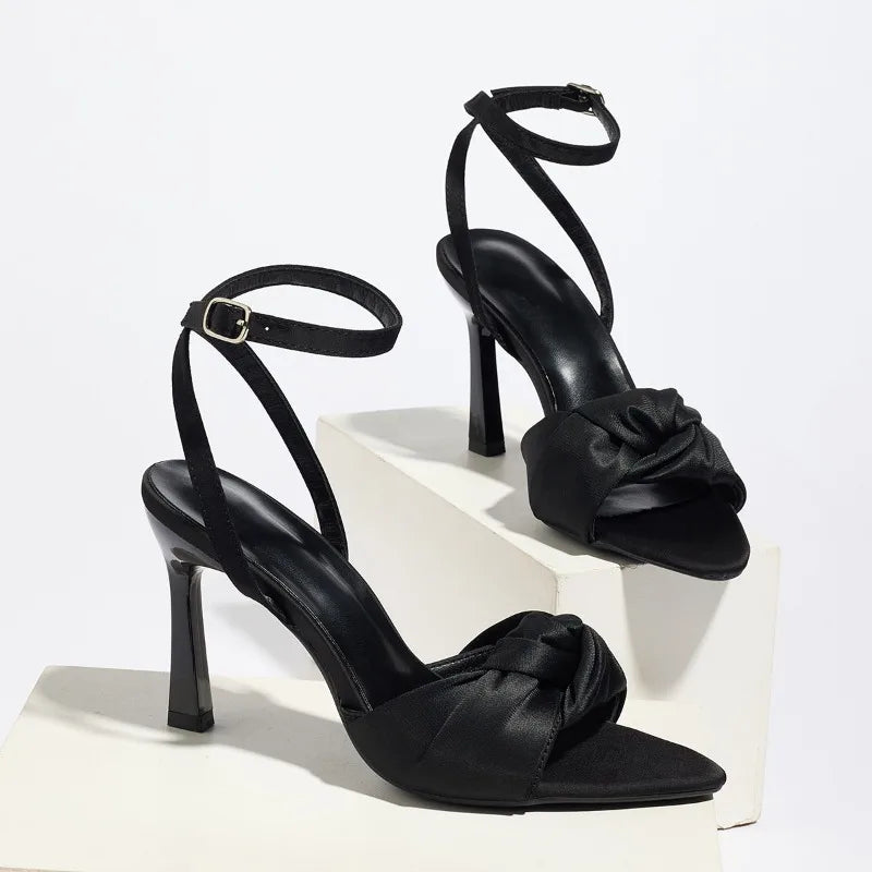 Sexy Pointed Toe High Heel Sandals Women Luxury Satin Ankle-Strap High Heels for Ladies Street-style Women's Sandals Summer 2026