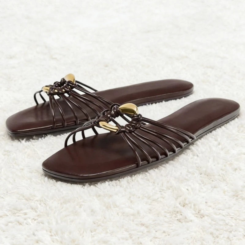 Brown Narrow-Strap Woven Design Flat Slippers Women Summer 2026 Light Comfortable Sandals for Wome Metal Decorations Beach Shoes