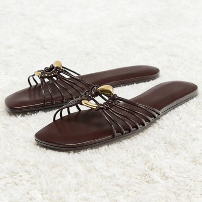 Brown Narrow-Strap Woven Design Flat Slippers Women Summer 2026 Light Comfortable Sandals for Wome Metal Decorations Beach Shoes