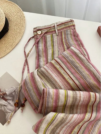 Pink Striped Wide Leg Pants Loose Fit Casual Summer Trousers for plus Size Women Comfortable Elastic Waist Straight Cut