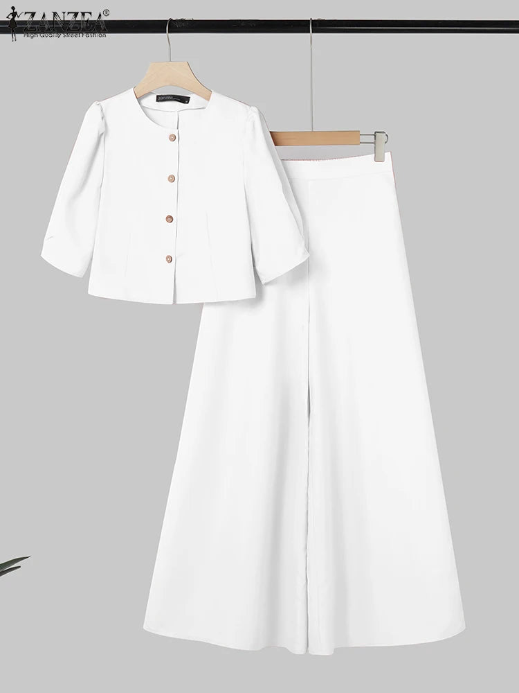 2025 ZANZA Fashion Summer Trousers Suit 2PCS Women Matching Sets Elegant Short Sleeve Blouse Wide Leg Pant Sets OL Work Outfits