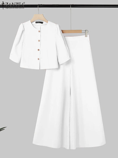 2025 ZANZA Fashion Summer Trousers Suit 2PCS Women Matching Sets Elegant Short Sleeve Blouse Wide Leg Pant Sets OL Work Outfits