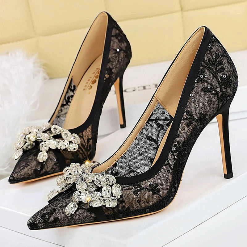 BIGTREE Shoes Women Pumps Black Lace High Heels Sexy Party Shoes 9 cm Stiletto Heels Rhinestone Bowknot Women Heels Plus Size 43