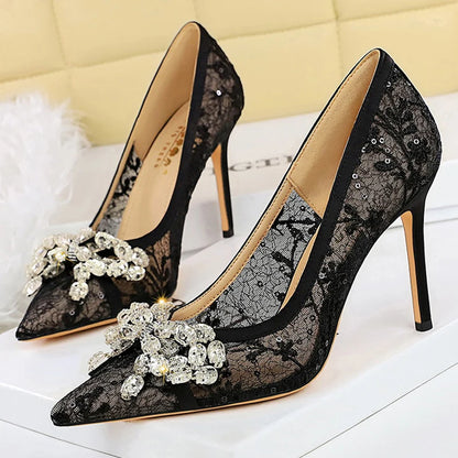 BIGTREE Shoes Women Pumps Black Lace High Heels Sexy Party Shoes 9 cm Stiletto Heels Rhinestone Bowknot Women Heels Plus Size 43