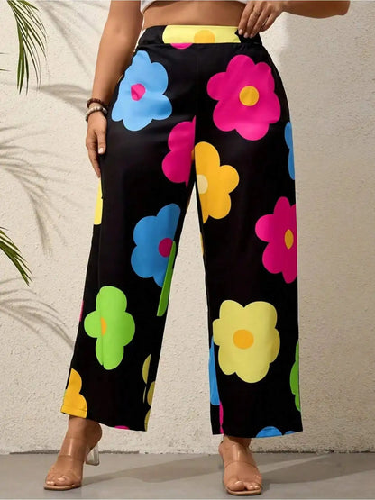Plus Size Colorful Flower Print Wide Leg Pants, Vacation Style High Waist Pants For Spring & Summer, Women's Plus Size Clothing