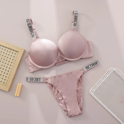 Victoria Secret Sexy Women Underwear Very Sexy Logo Shine Strap Push Up Bra Shine Script Thong Panty Set Hot