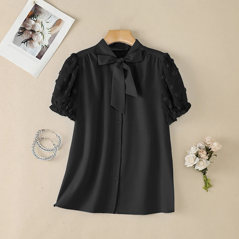ZANZEA 2026 Summer Fil Coupe Shirts Women Elegant Tie-Neck Short Puff Sleeve Solid Color Button Up Tops Commute Work Camisas