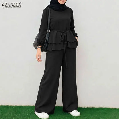 ZANZEA Women Muslim 2 Piece Sets Summer O Neck Long Sleeve Ruffled Hem Blouse Wid Leg Pants Sets Ramadan Outfits Hijab Tracksuit