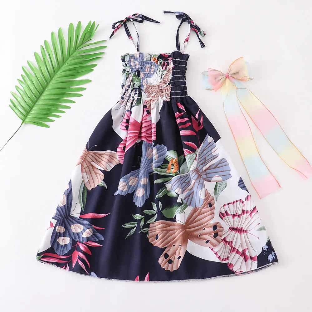 Summer Girls New Floral Dress Sling Ruffles Bohemian Beach Princess Dresses for Girl Clothing  2 6 8 12 Years With Necklace Gift