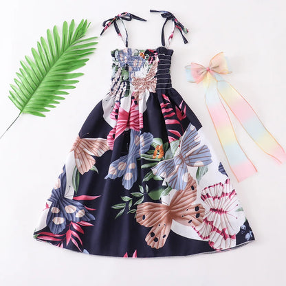 Summer Girls New Floral Dress Sling Ruffles Bohemian Beach Princess Dresses for Girl Clothing  2 6 8 12 Years With Necklace Gift