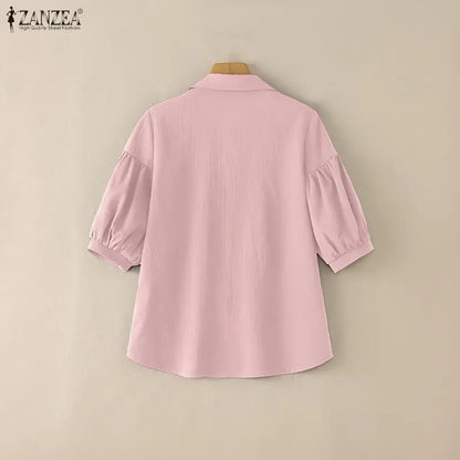 ZANZEA Women's Crinkled Fabric Casual Shirts Turn-Down Collar Half-Buttons 3/4 Lantern Sleeve Blouses Minimalist Solid Color Top
