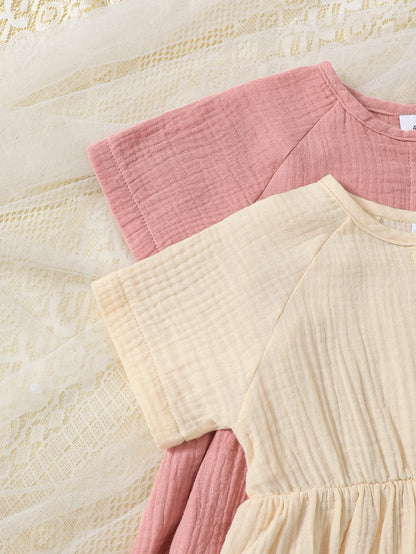2-Pack Girls Solid Color Short Sleeve round Neck Casual Comfortable Dress Suitable for Spring/Summer Daily Wear
