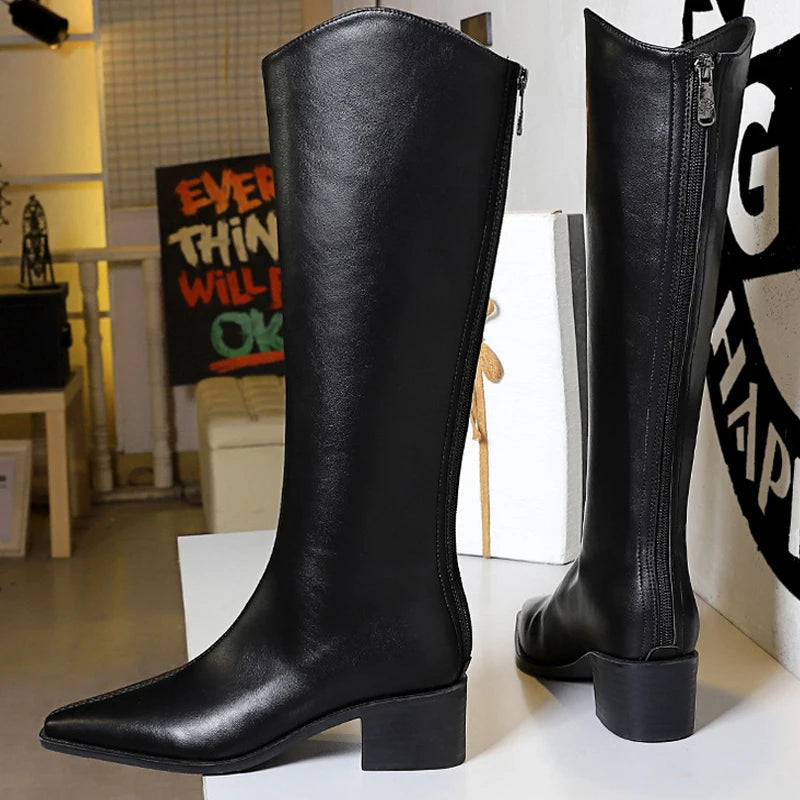 BIGTREE Shoe Women Knee-high Boots Retro Knight Boots Women Shoes Rear Zipper High Boots Thick Heel Autumn Winter Boots Mid Heel