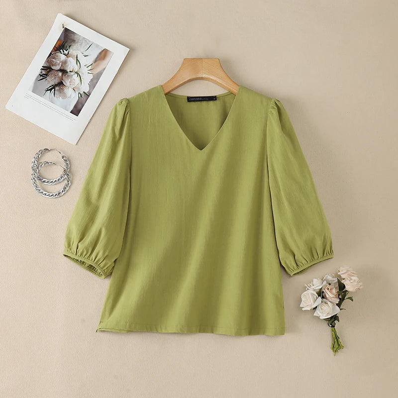 ZANZEA Women's Cotton Linen Breathable Blouses Casual V-Neck 3/4 Lantern Sleeves Solid Color Tops Everyday Wear Blusas de Mujer