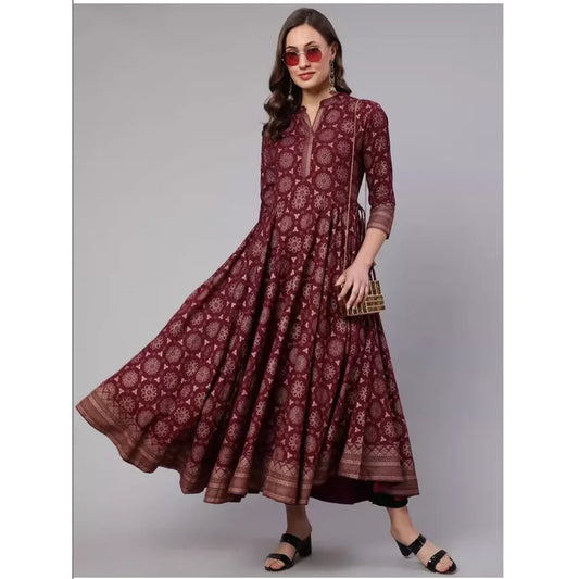 Spring/Summer Collection Indian Ethnic Style Silk Print Stand Collar Bordeaux Red Long Dress