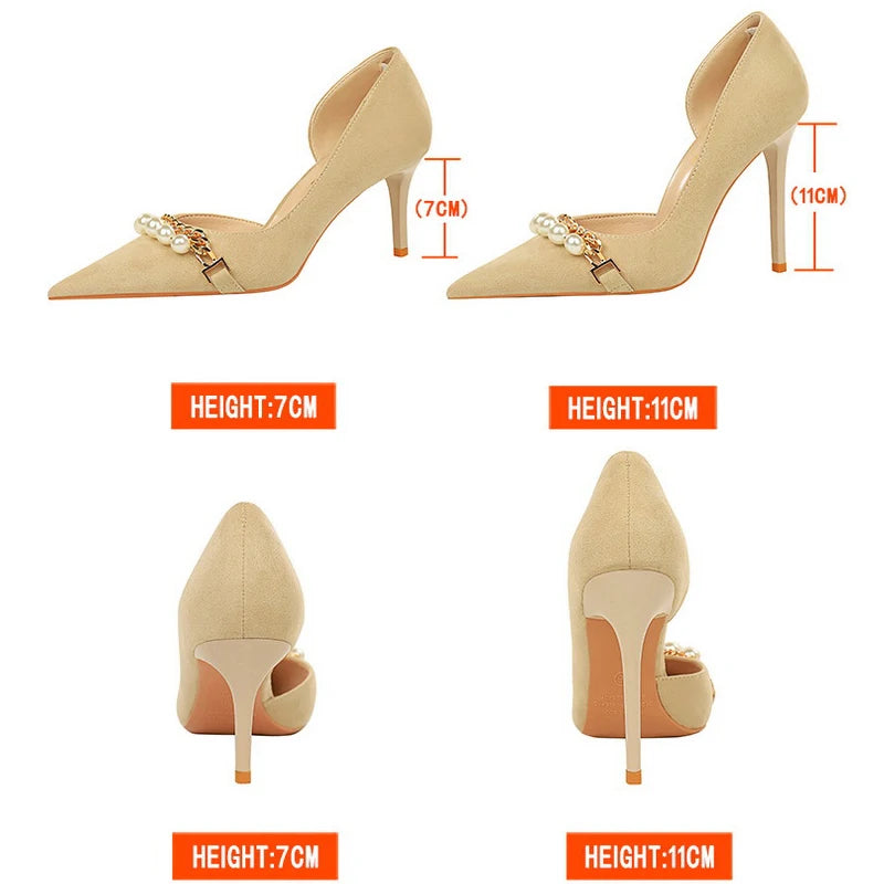 Women 7 cm 11 cm Heels Sharp Pointed Pearl Metal Chain Women Pumps Stilettos Suede High Heels Large Size 43 Sexy Kitten Heels