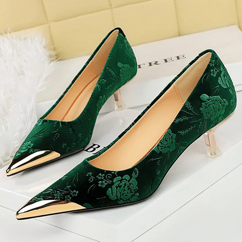 BIGTREE Shoes Women 4 Cm Heels Flower Embossing Women Pumps Metal Pointed Tip Middle Heel Shoes Stilettos Elegant Banquet Shoes