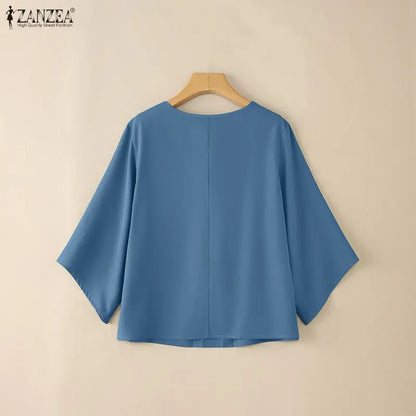ZANZEA Women's Minimalist Solid Blouses Summer Casual O-Neck 3/4 Flare Sleeves Pleated Loose Tops 2026 Spring Woman Clothes 3XL