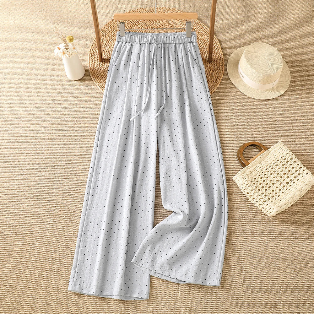Summer New Vintage Small Polka Dot Loose Casual Wide Leg Pants Drawstring Waist Elastic Cotton Ladies Trousers