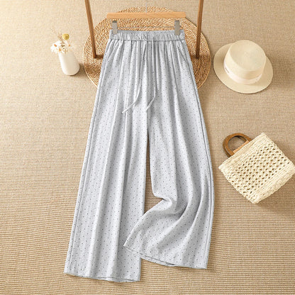 Summer New Vintage Small Polka Dot Loose Casual Wide Leg Pants Drawstring Waist Elastic Cotton Ladies Trousers