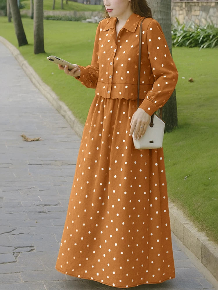 ZANZEA Autumn Outfits Stylish Polka Dots Women 2 Piece Sets Long Sleeve Blouse Dress Sets Casual Work Tracksuit Skirt Suit 2025