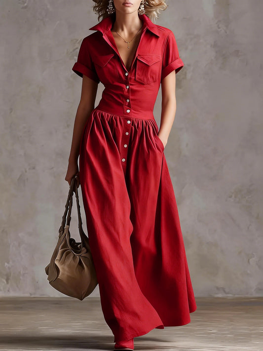 Women's Western Solid Color Woven Button-Down Collar Short Sleeve Long Dress