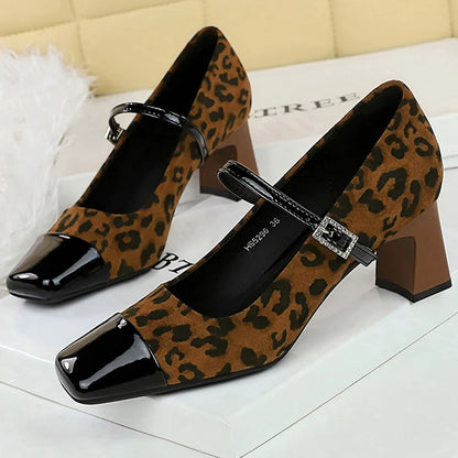 BIGTREE Shoes Leopard Print Women Pumps Suede Middle Heel Shoes Sexy Mary Jane Shoes Rhinestone Buckle Ladies Shoes Square Head