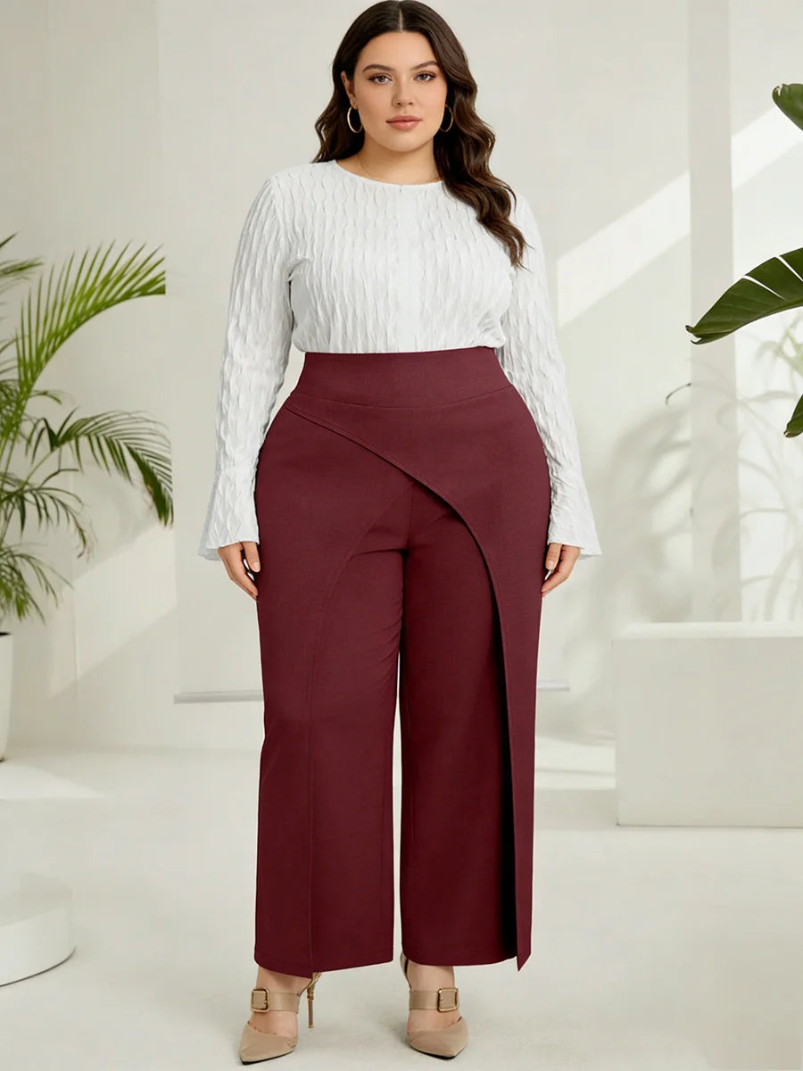 Plus Size Women's Pants High Waist Back Zipper Solid Textured Wide Leg Bottoms Elegant Spring Summer Office Stretch Bottoms