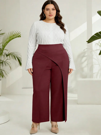 Plus Size Women's Pants High Waist Back Zipper Solid Textured Wide Leg Bottoms Elegant Spring Summer Office Stretch Bottoms
