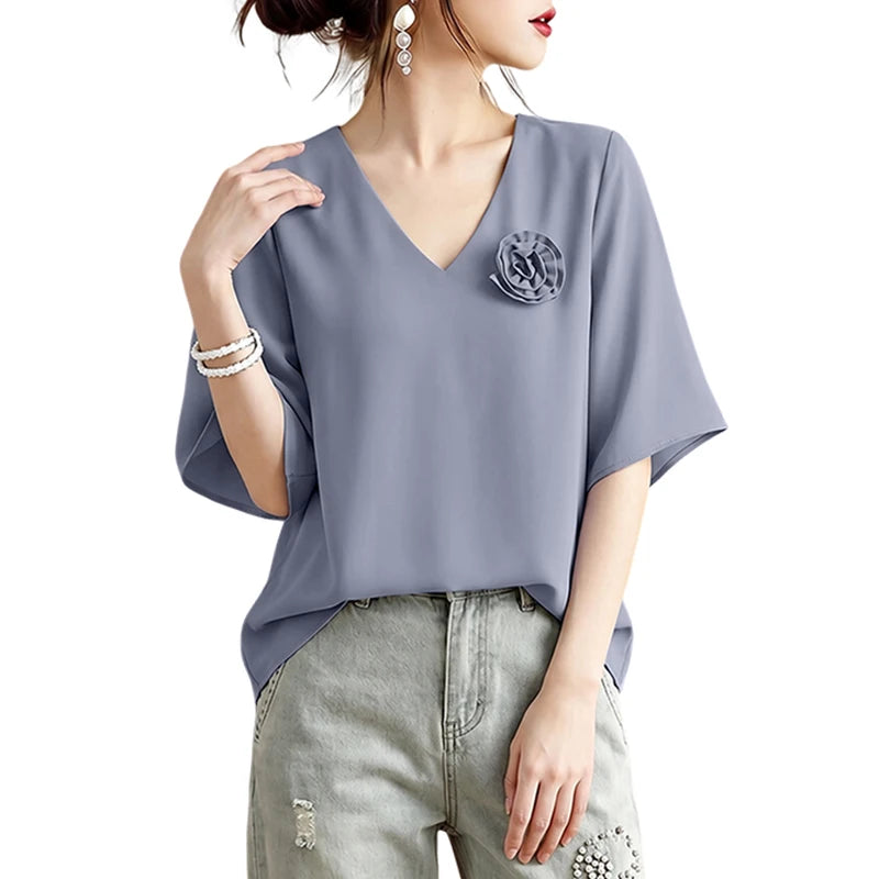 ZANZEA Elegant Fabric Flower Blouses Women V-Neck Half Bell Sleeves Solid Color Loose Tops Summer Daily Casual Blusas de Mujer