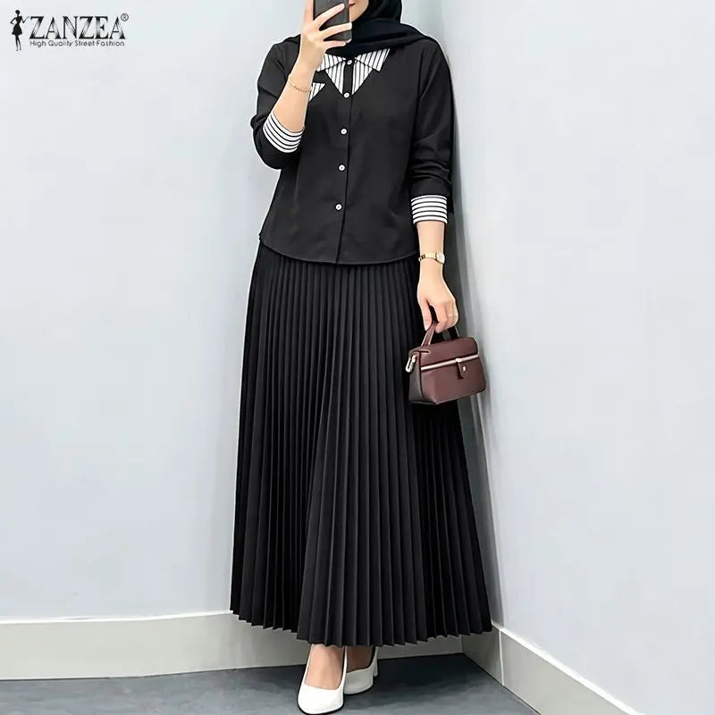 Autumn Outfits ZANZEA Muslim Modest 2 Pieces Sets Elegant Women Striped Patchwork Long Sleeve Shirt With Pleated Maxi Skirt 2026