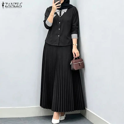 Autumn Outfits ZANZEA Muslim Modest 2 Pieces Sets Elegant Women Striped Patchwork Long Sleeve Shirt With Pleated Maxi Skirt 2026