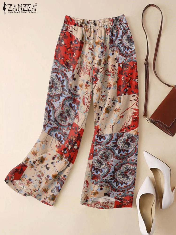ZANZEA Woman Casual Wide Leg Pants Vintage Floral Paisley Printed Elastic Waist Trousers 2025 Spring Breathable Cotton Pantalon