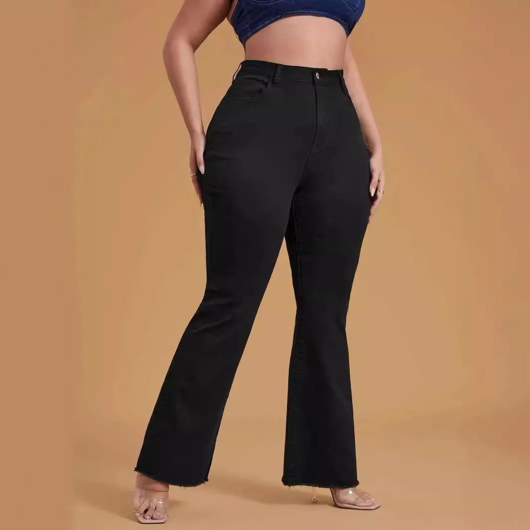 Plus Size Women's Jeans Black High Waist Wide Leg Denim Pants Mid Rise Full Length Bottom Jeans Raw Hem Flared Jeans for Woman