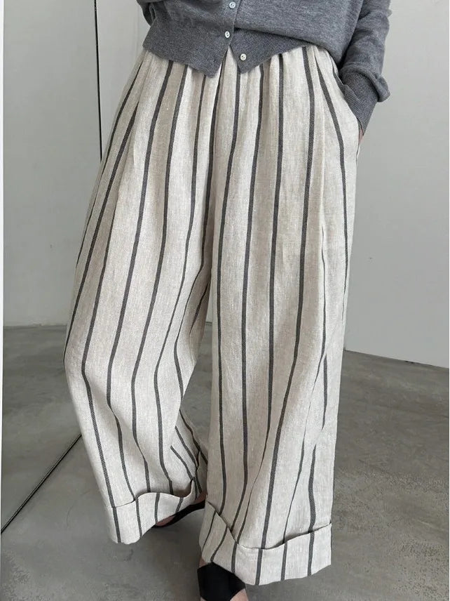 Retro Cuffed Linen Striped Casual Pants Loose Slim Straight Leg Summer Wide Leg Pants for plus Size Women Ladies Fashion